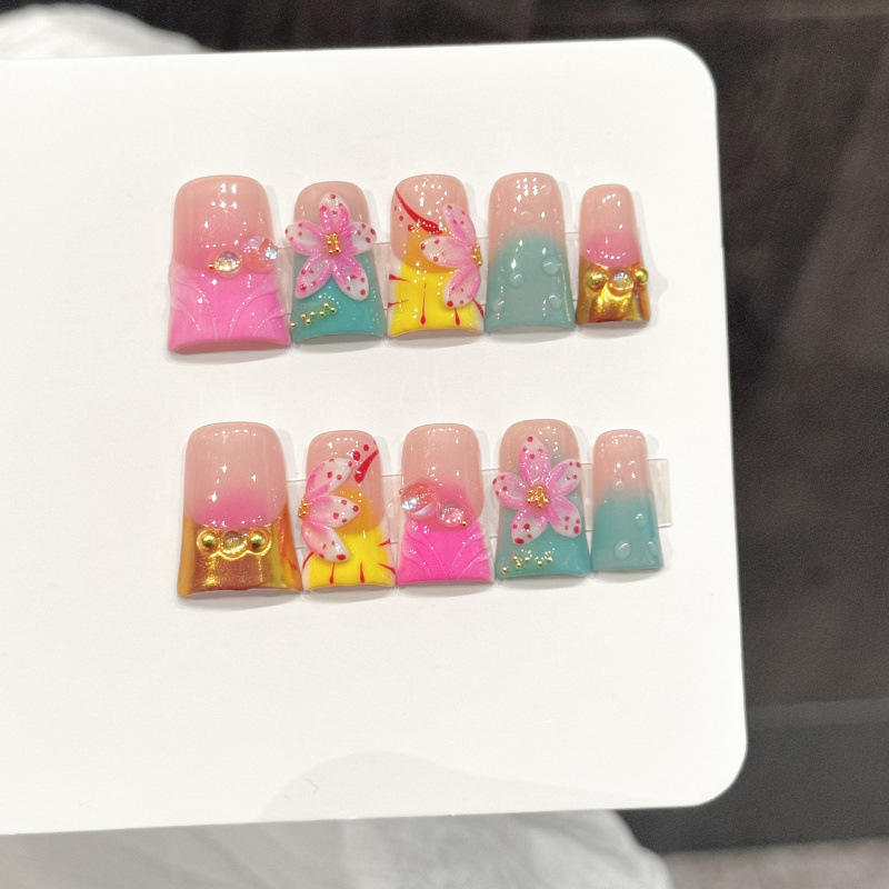 10pcs Ocean Style Fake Nails D - Pressed Flower Art 评论和价格